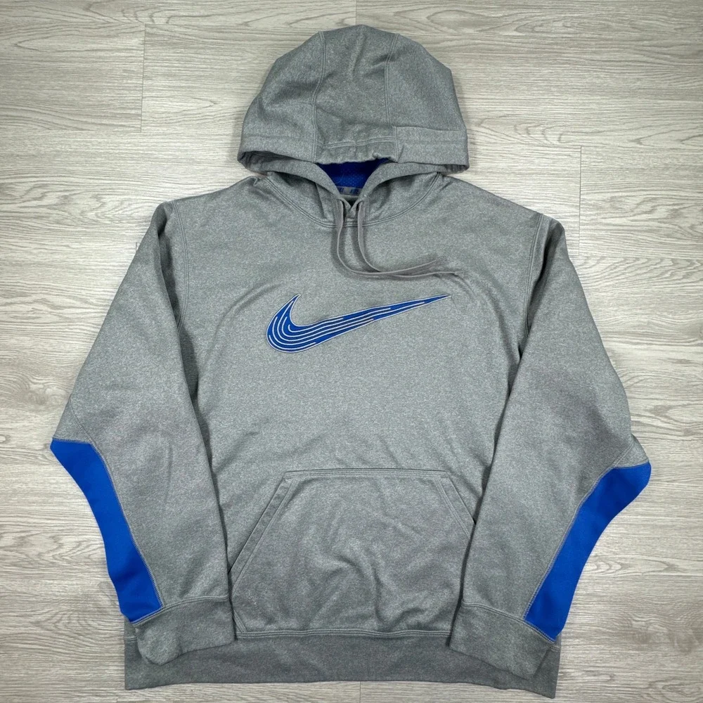 Nike Mens Hoodie Therma-FIT Pullover Gray Blue Large Swoosh Graphic Sweatshirt